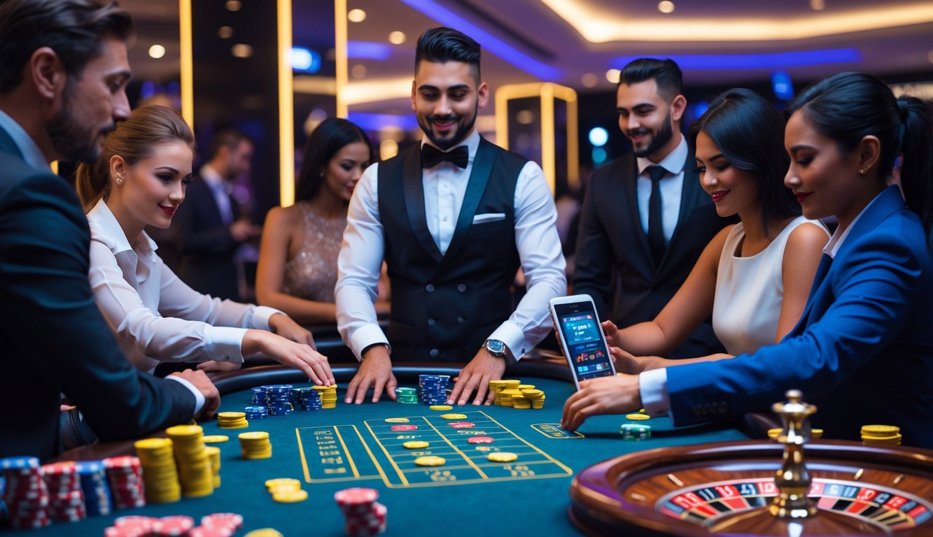 Seorang dealer dan beberapa pemain sedang bermain di meja taruhan kasino langsung dengan perangkat digital di tangan mereka.