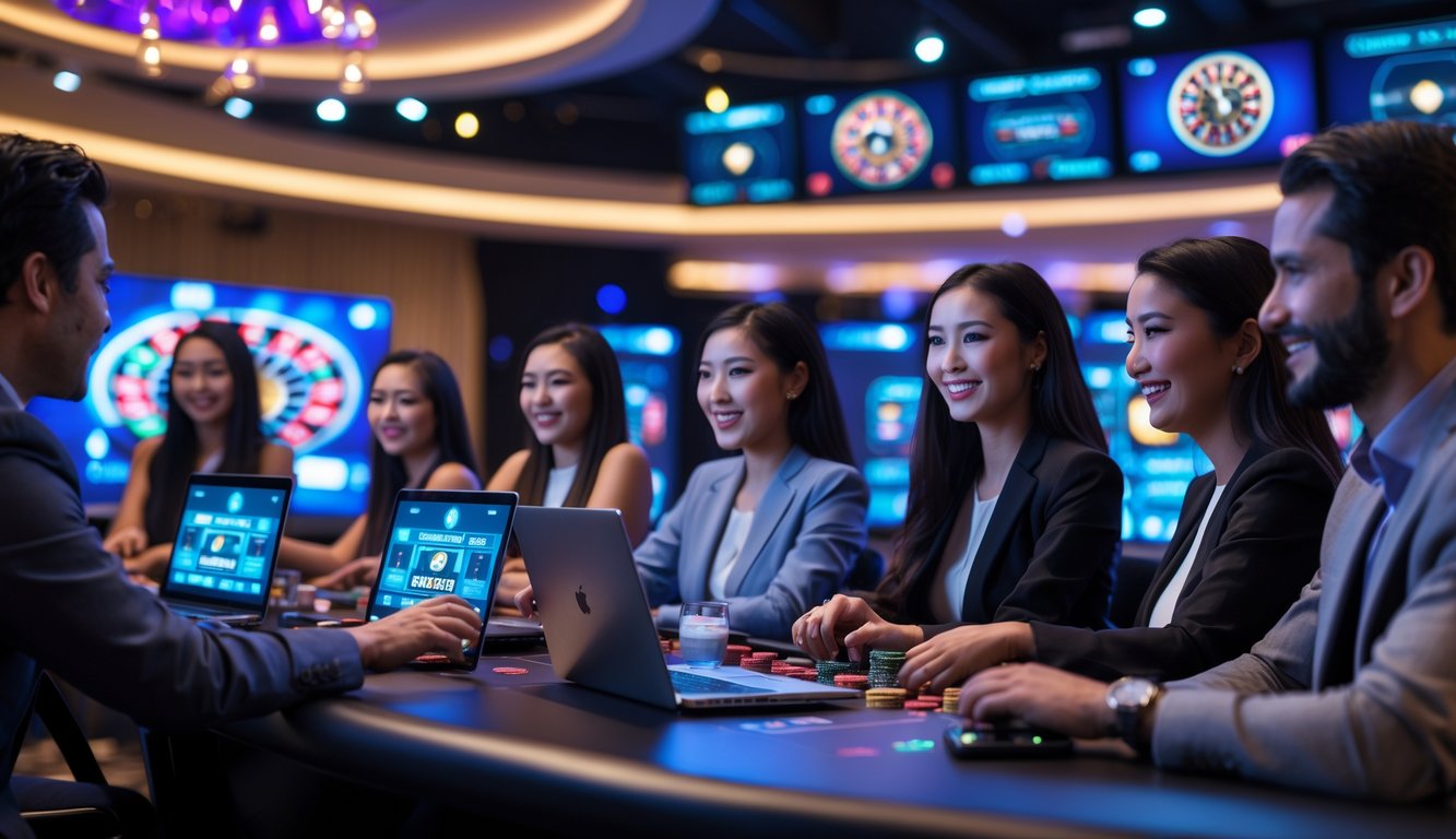 Beberapa orang sedang bermain permainan kasino langsung secara online menggunakan laptop dan ponsel di lingkungan kasino modern.