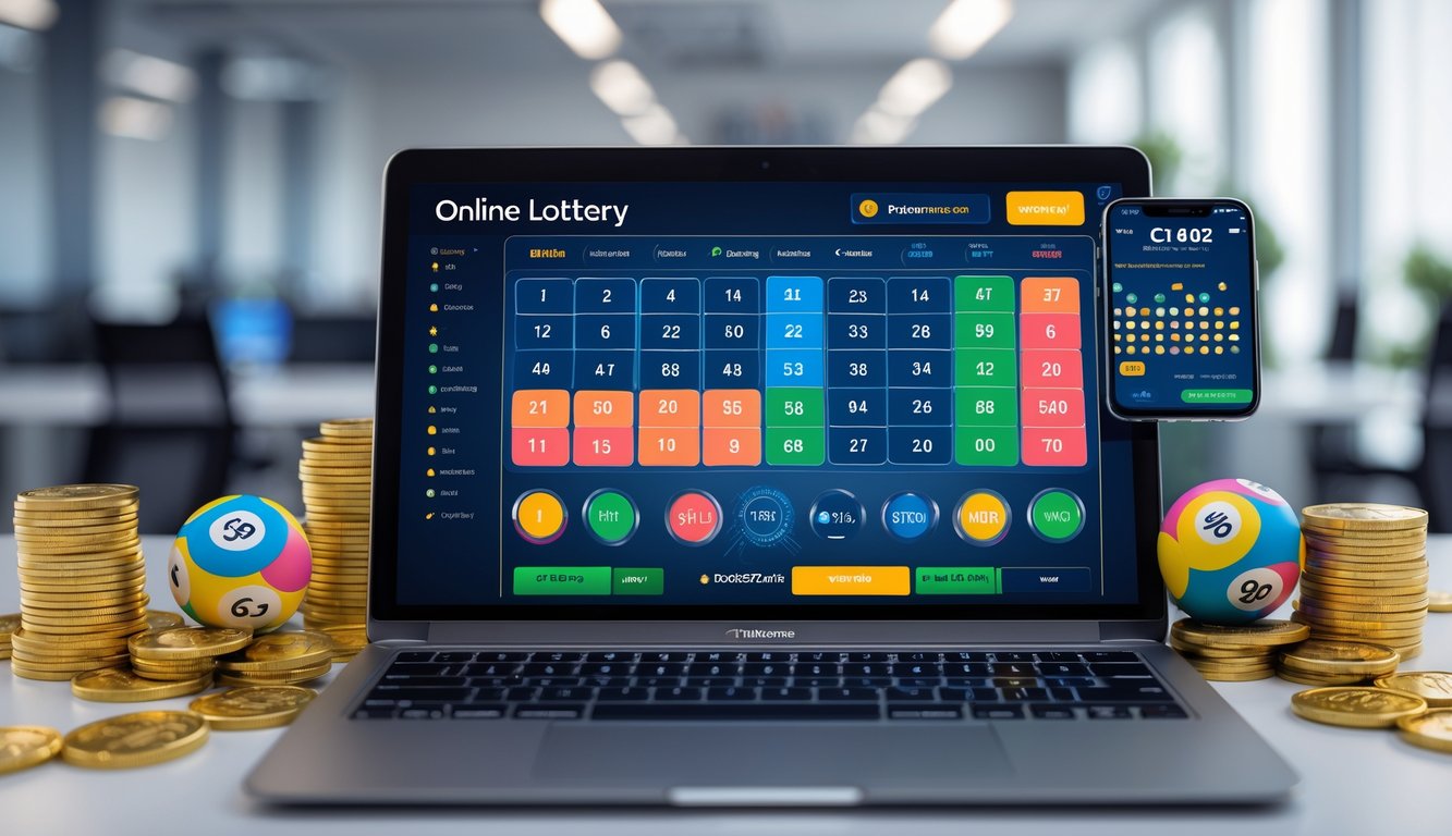 Seorang pria menggunakan laptop dengan tampilan permainan togel online, dikelilingi bola togel dan koin emas di meja kerja.