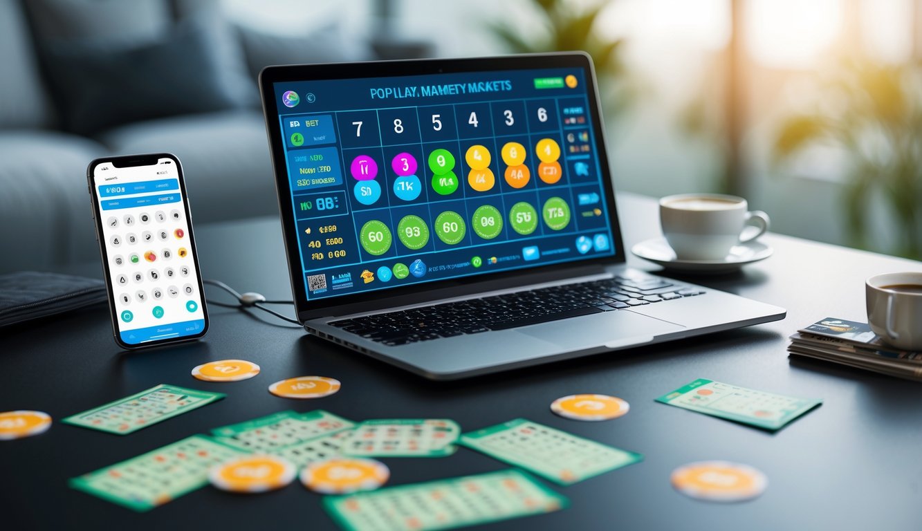 Seseorang sedang menggunakan laptop dan smartphone untuk melihat permainan togel online dengan angka dan grafik di layar, di meja terdapat tiket togel dan cangkir kopi.