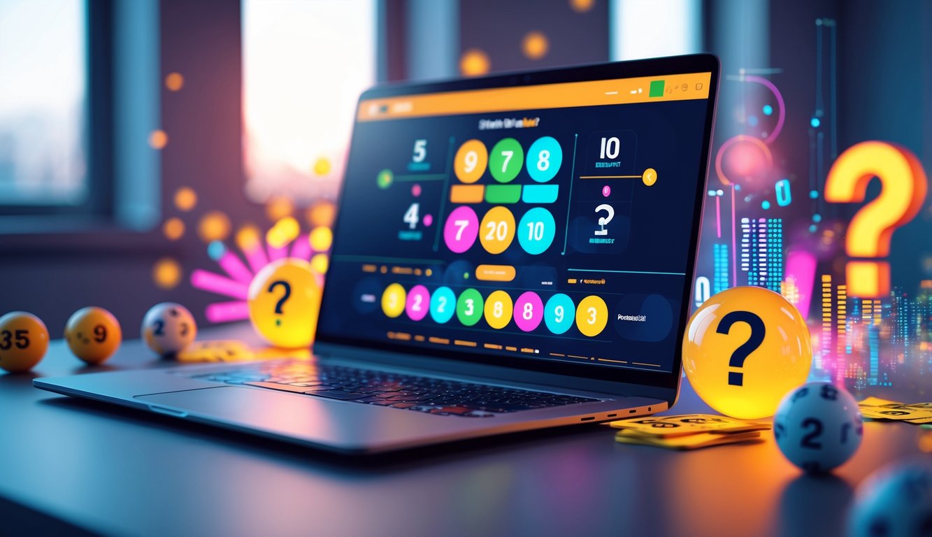 Seorang pengguna duduk di depan laptop dengan layar menampilkan antarmuka permainan togel online, dikelilingi bola lotre bernomor dan ikon digital yang melambangkan keberuntungan dan prediksi angka.