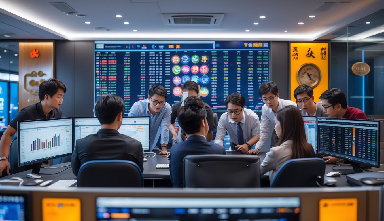 Sekelompok orang Asia muda sedang bekerja bersama di depan komputer dalam ruangan kantor yang terang, fokus pada aktivitas taruhan online.