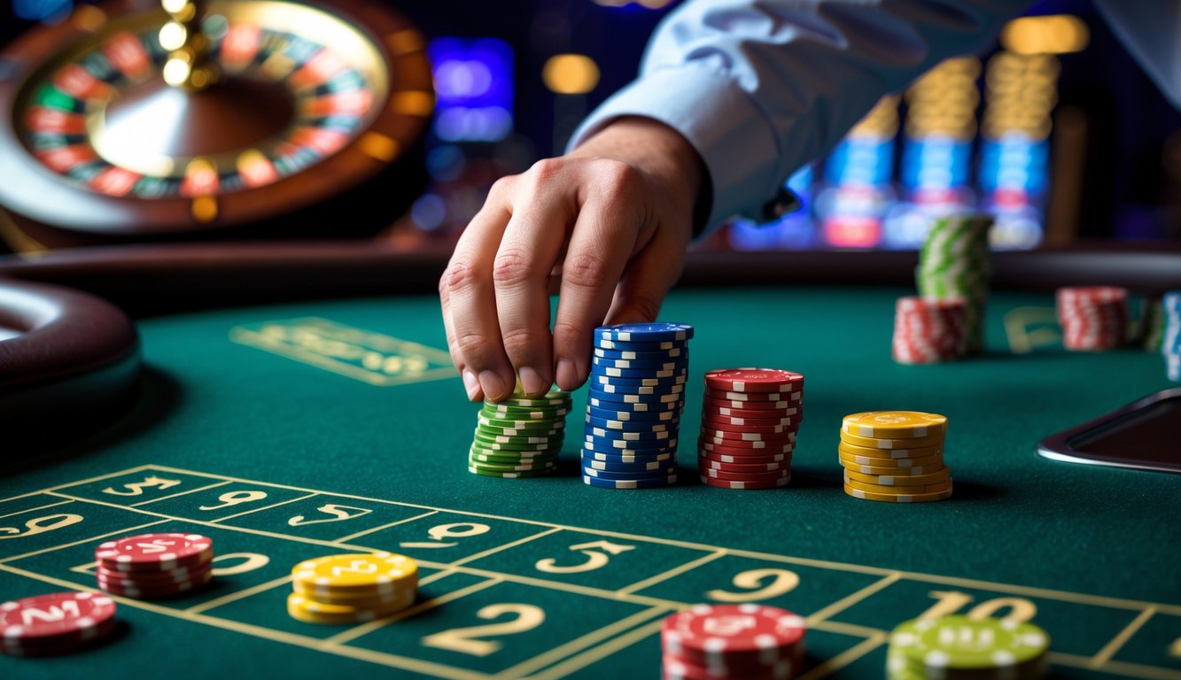 Tangan seseorang sedang meletakkan chip taruhan berwarna-warni di meja kasino hijau dengan angka dan area taruhan terlihat jelas.