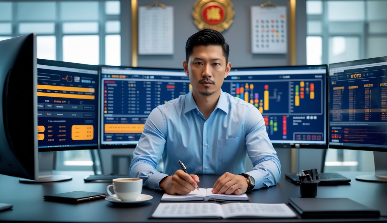 Seorang pria Asia Tenggara duduk di meja kantor dengan beberapa layar komputer yang menampilkan statistik taruhan, sambil menganalisis data dengan fokus.