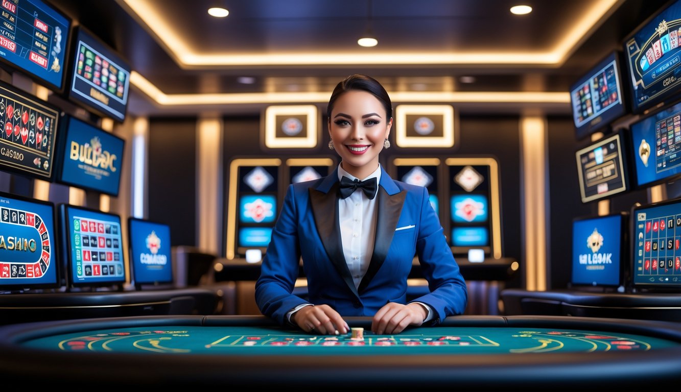 Seorang dealer kasino profesional di studio modern dengan layar digital menampilkan berbagai permainan kasino seperti roulette dan poker.
