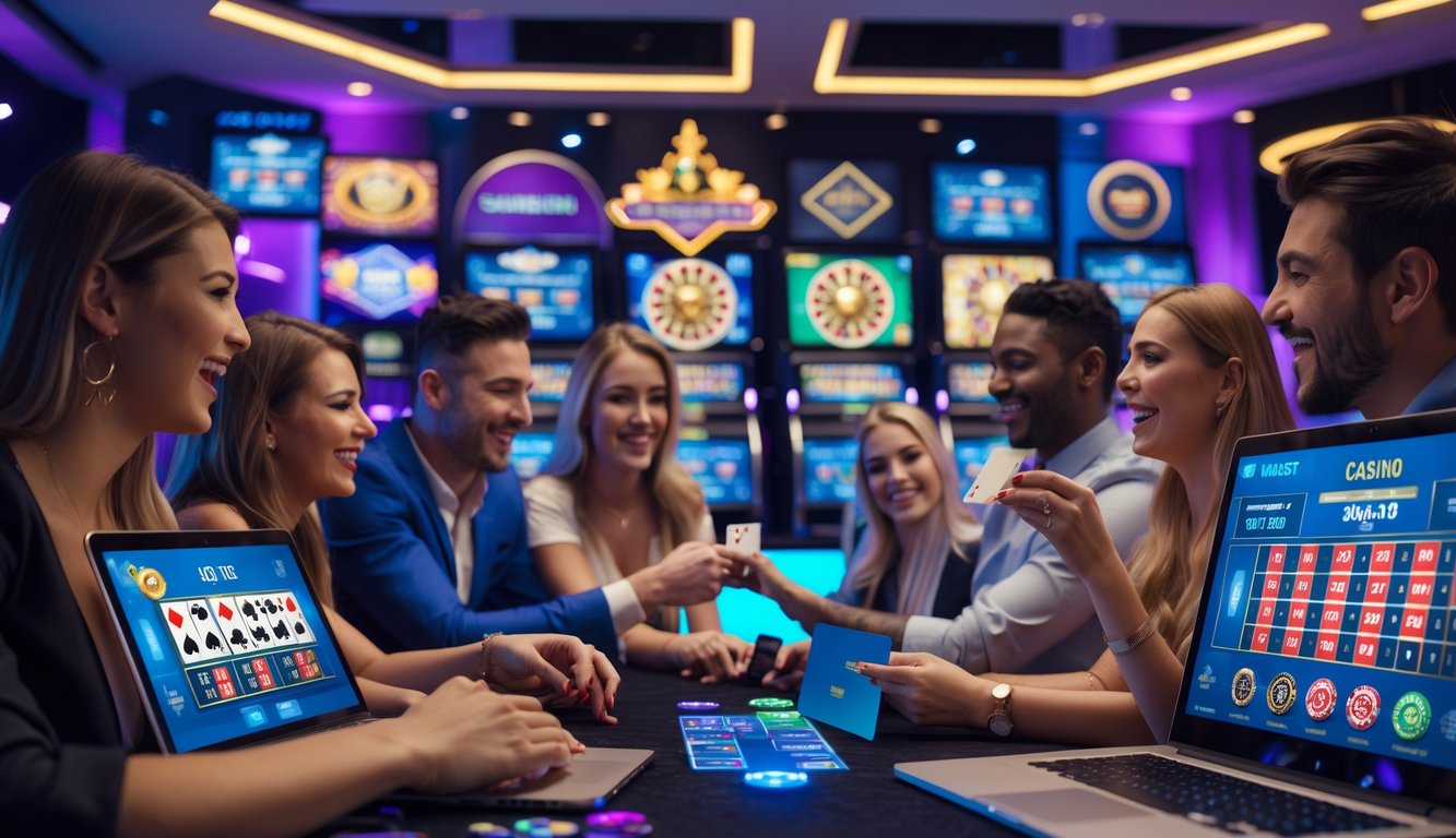 Beberapa orang bermain permainan kasino online secara interaktif dengan dealer langsung di latar belakang studio kasino modern.