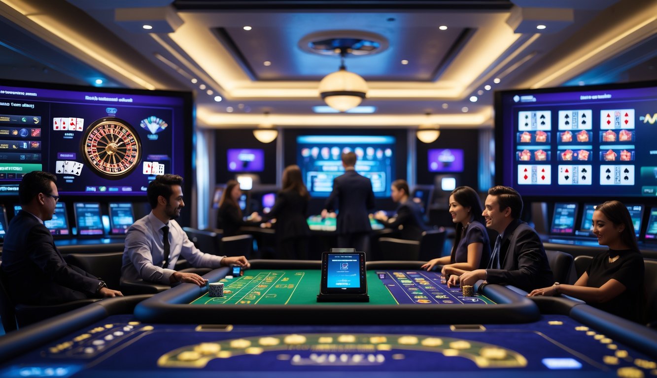 Suasana kasino online modern dengan beberapa pemain yang bermain berbagai permainan kasino populer di layar komputer.