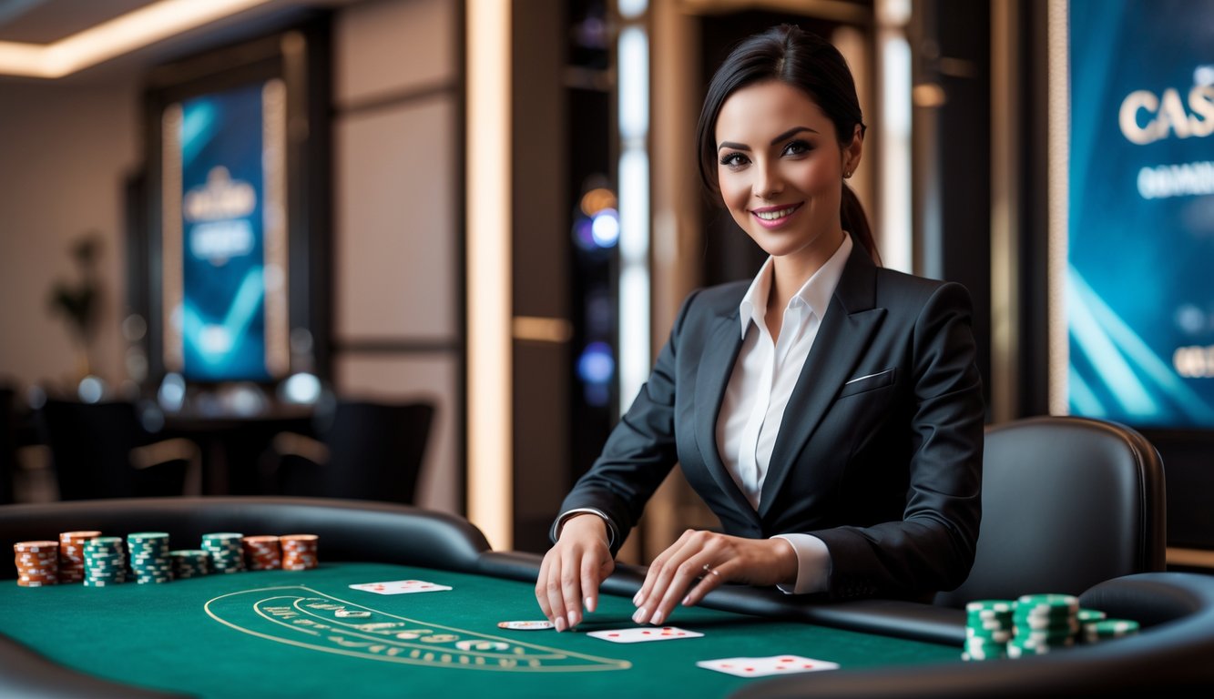 Seorang dealer wanita profesional sedang membagikan kartu di meja kasino hijau dengan suasana studio kasino modern.