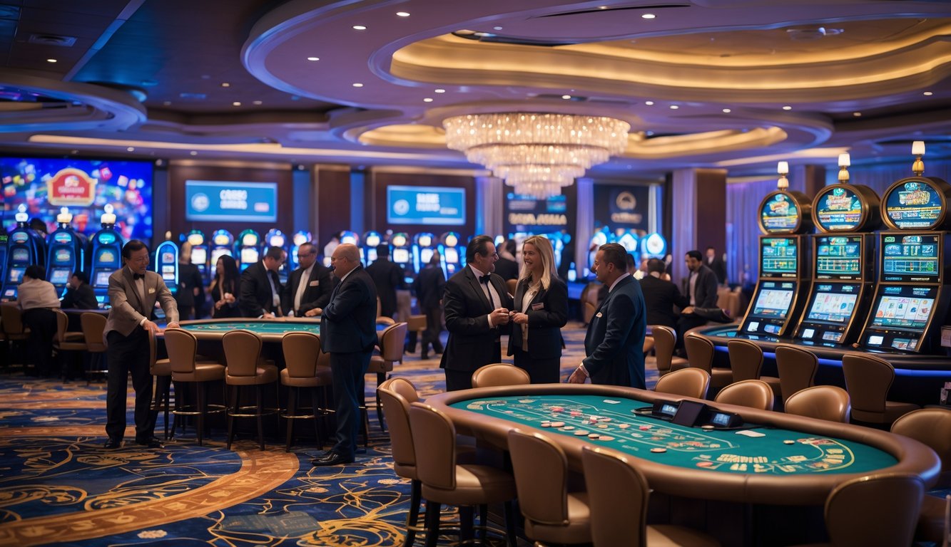 Suasana lantai kasino dengan meja permainan klasik dan mesin slot modern, dealer melayani pemain yang sedang bermain.