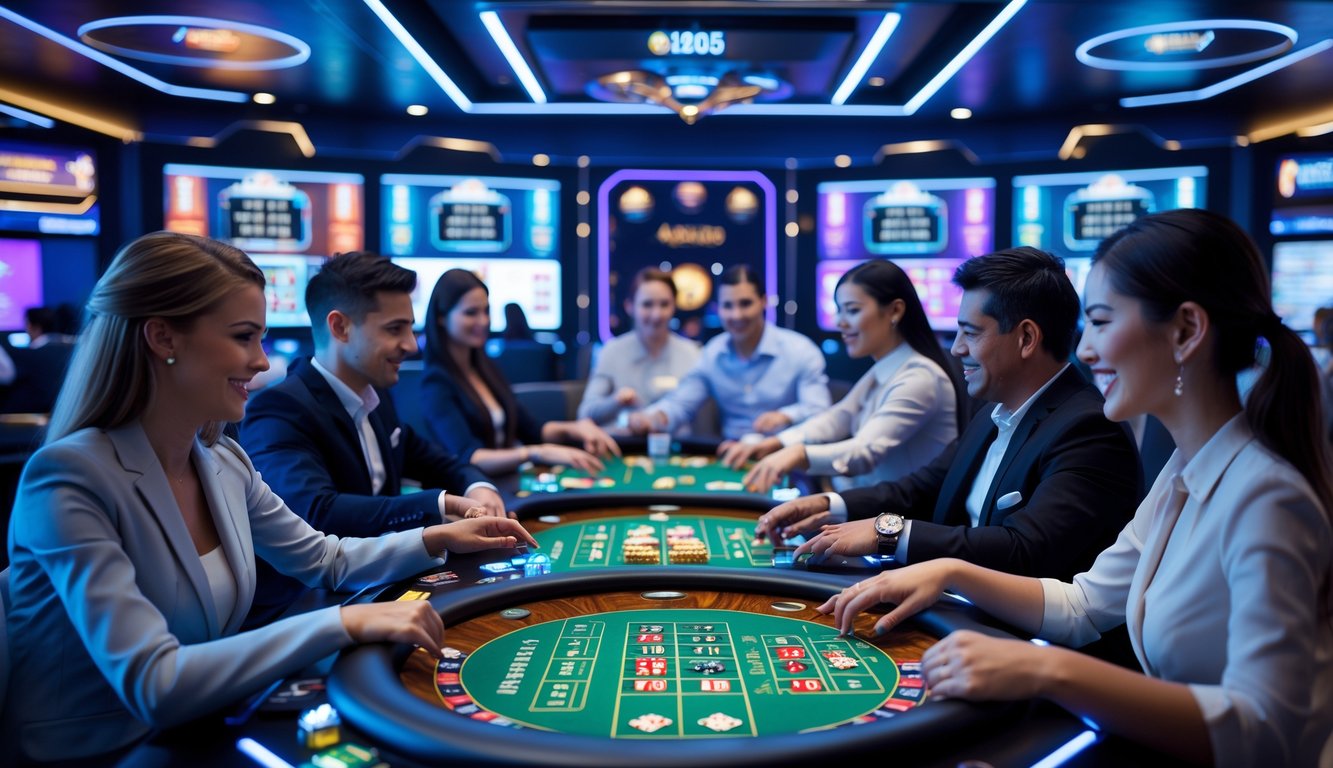 Beberapa orang sedang bermain berbagai permainan kasino langsung secara online dengan layar dan peralatan canggih di sekitar mereka.