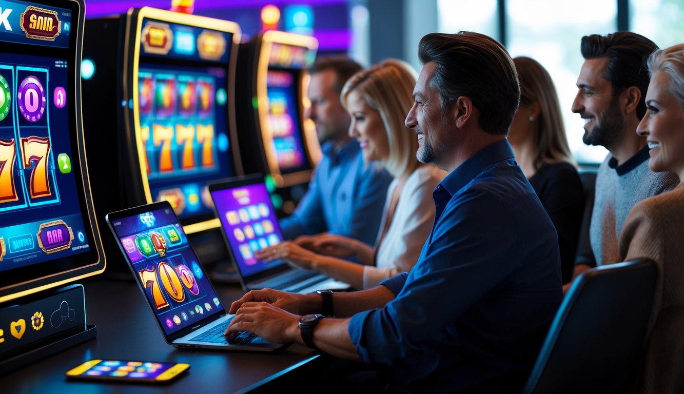 Beberapa orang dewasa bermain permainan slot online di perangkat digital dalam suasana nyaman dan aman.