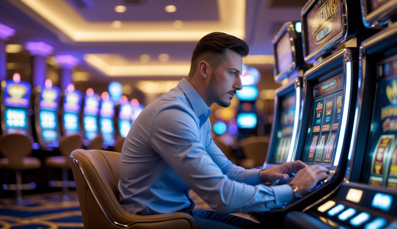 Seorang pemain profesional duduk di depan mesin slot di dalam kasino dengan ekspresi fokus dan percaya diri.