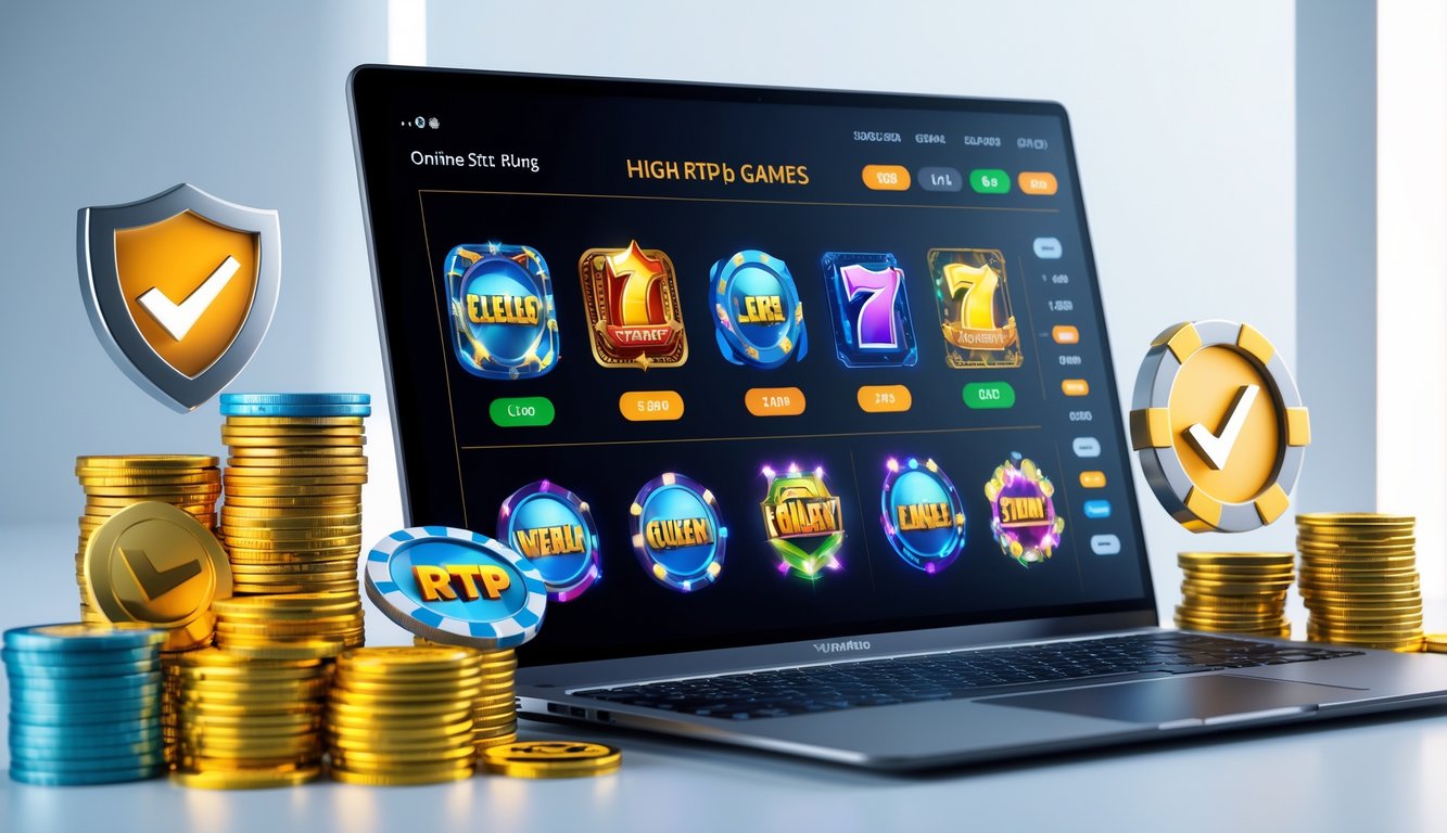 Seseorang menggunakan komputer dengan layar menampilkan permainan slot dan grafik RTP tinggi, dikelilingi simbol kepercayaan dan koin.