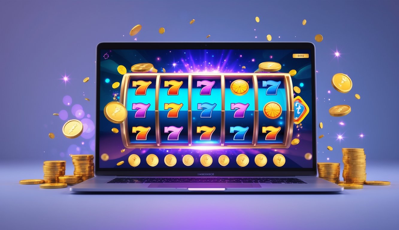 Seseorang bermain mesin slot online di komputer dengan koin emas dan simbol kemenangan di layar.