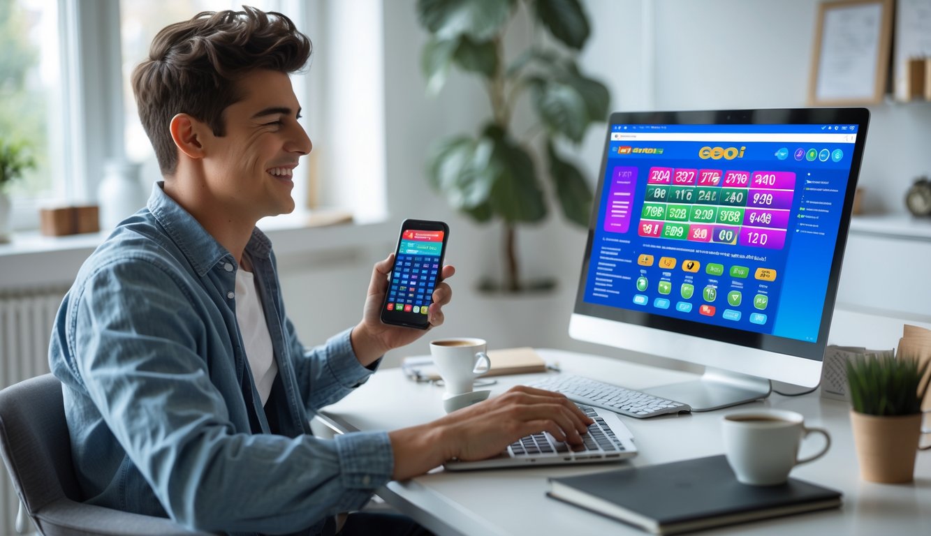 Seorang dewasa muda duduk di meja dengan laptop dan ponsel, terlihat fokus dan tersenyum saat bermain togel online di ruang tamu yang terang.