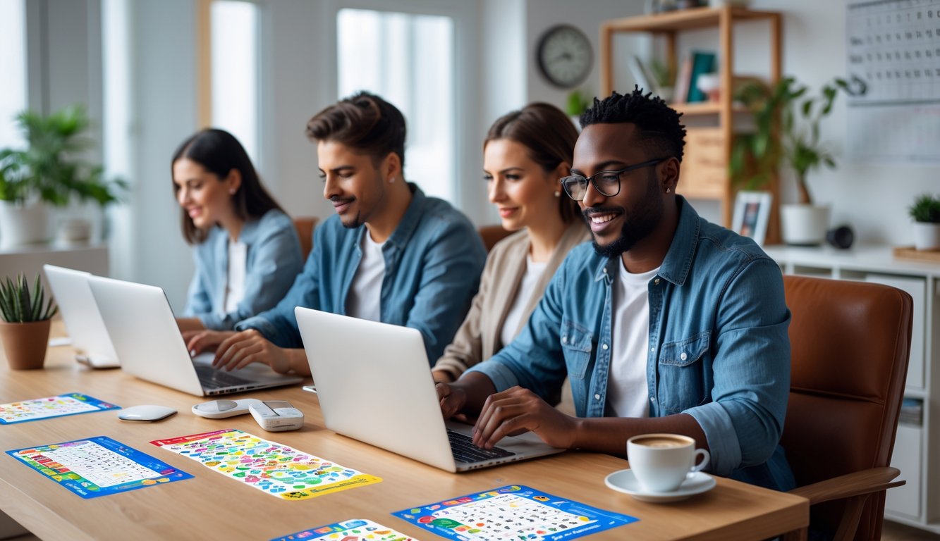 Beberapa orang sedang bermain judi togel online menggunakan laptop dan ponsel di ruangan yang terang dan nyaman.