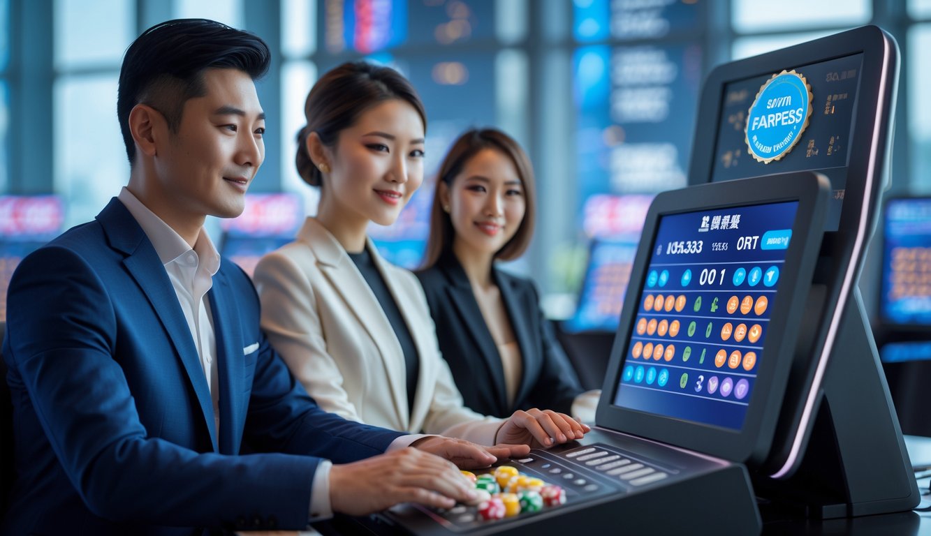 Seorang pria dan wanita Asia duduk di terminal taruhan digital di kasino modern dengan pemandangan kota Macau di latar belakang.