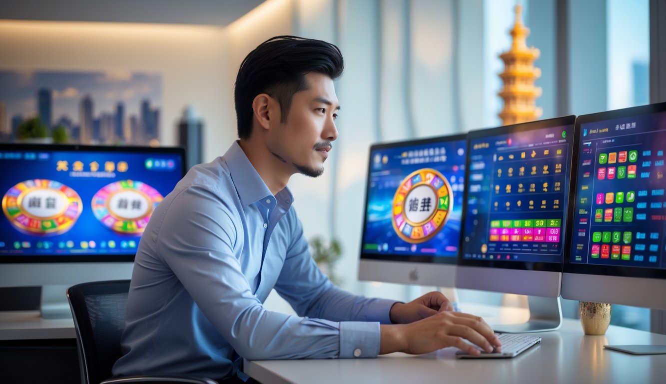 Seorang pria Asia duduk di meja modern dengan beberapa layar komputer menampilkan antarmuka taruhan, di latar belakang terdapat dekorasi bertema Macau.