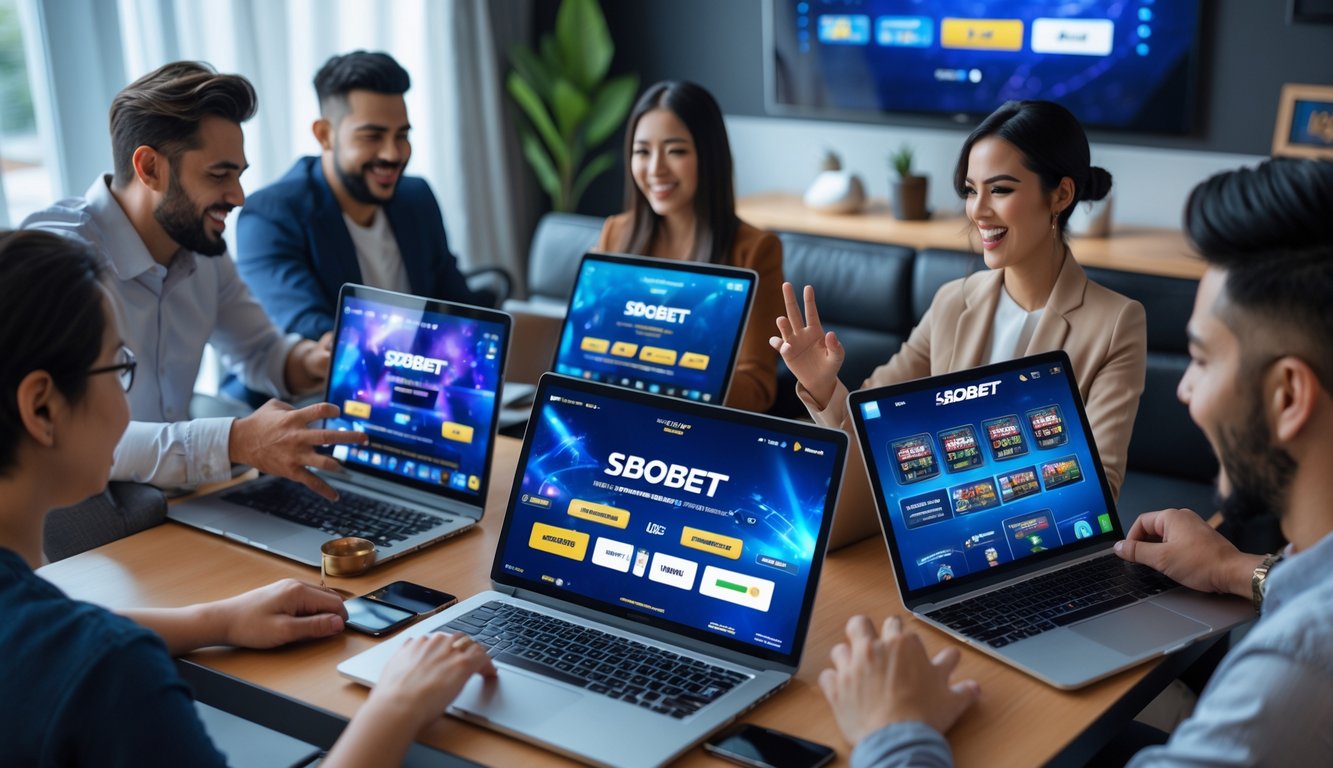 Beberapa orang sedang bermain permainan taruhan online menggunakan perangkat digital di ruangan yang nyaman dan modern.