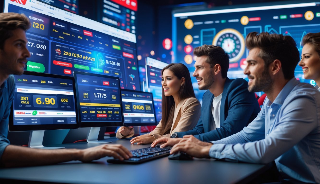 Beberapa orang muda sedang menggunakan komputer dengan tampilan permainan taruhan online di layar.