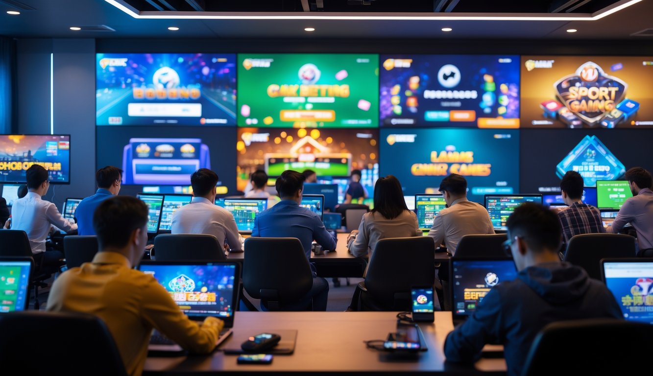 Beberapa orang sedang bermain berbagai jenis permainan online Sbobet menggunakan laptop, tablet, dan ponsel di sebuah ruangan modern.