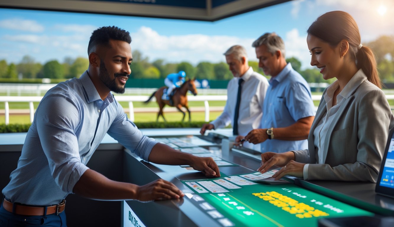 Seorang orang memasang taruhan di loket taruhan balap kuda dengan latar belakang pacuan kuda dan joki yang sedang berlomba.