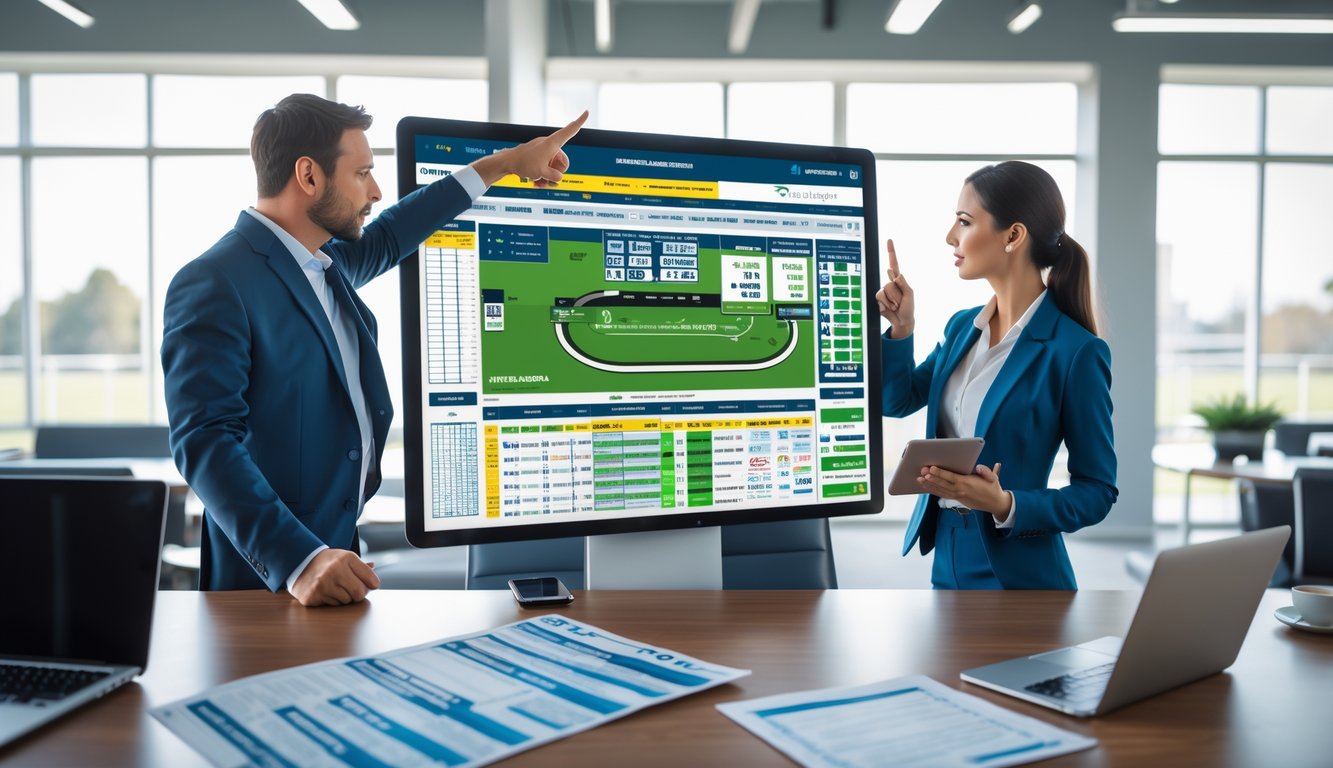 Dua orang sedang menganalisis data balap kuda di depan layar digital di sebuah kantor modern.