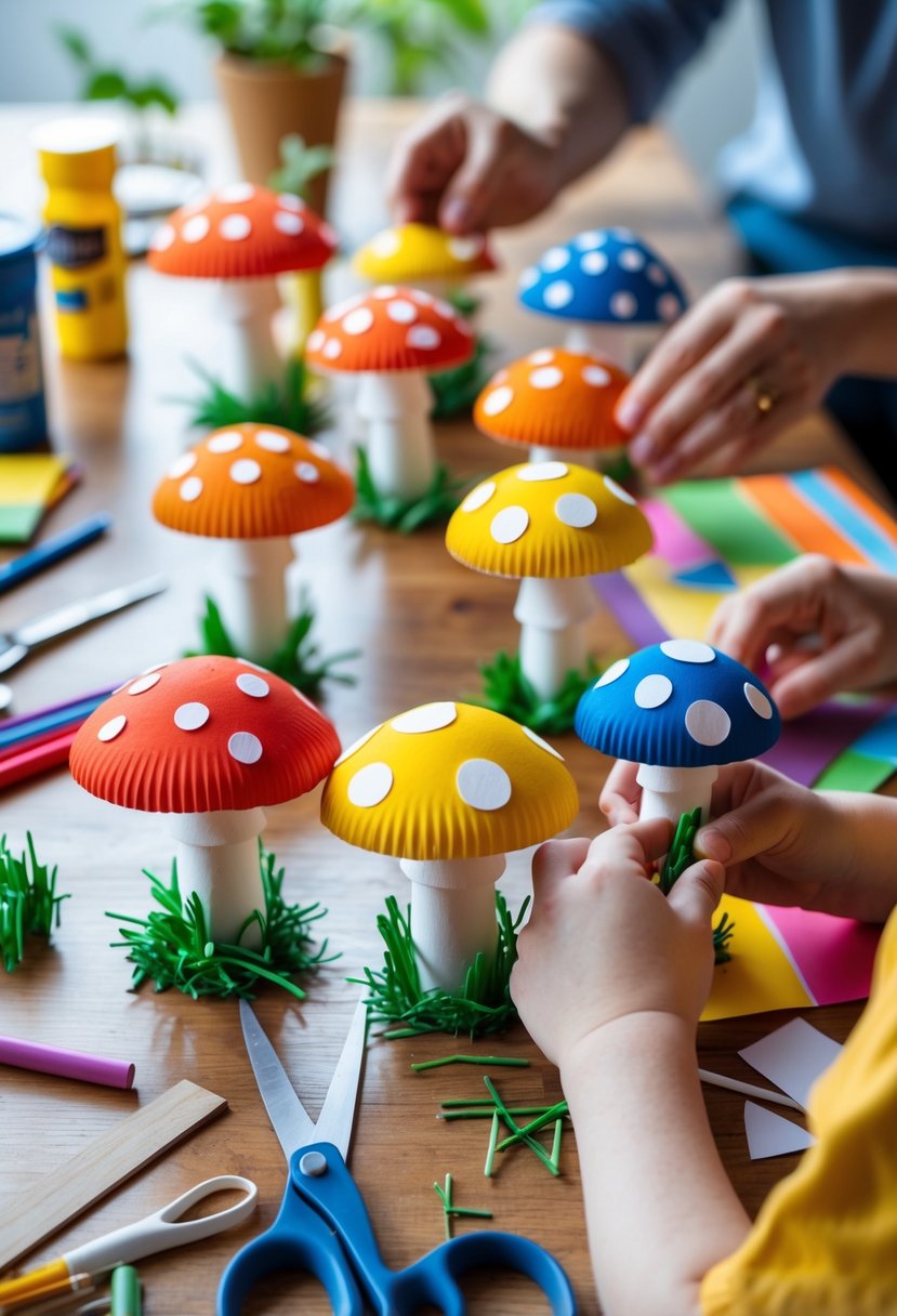 Hands of adults and children making colorful paper cup mushrooms on a wooden table with crafting supplies around them.
