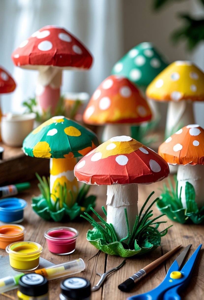 A collection of colorful mushroom crafts made from egg cartons arranged on a table with painting and crafting supplies nearby.