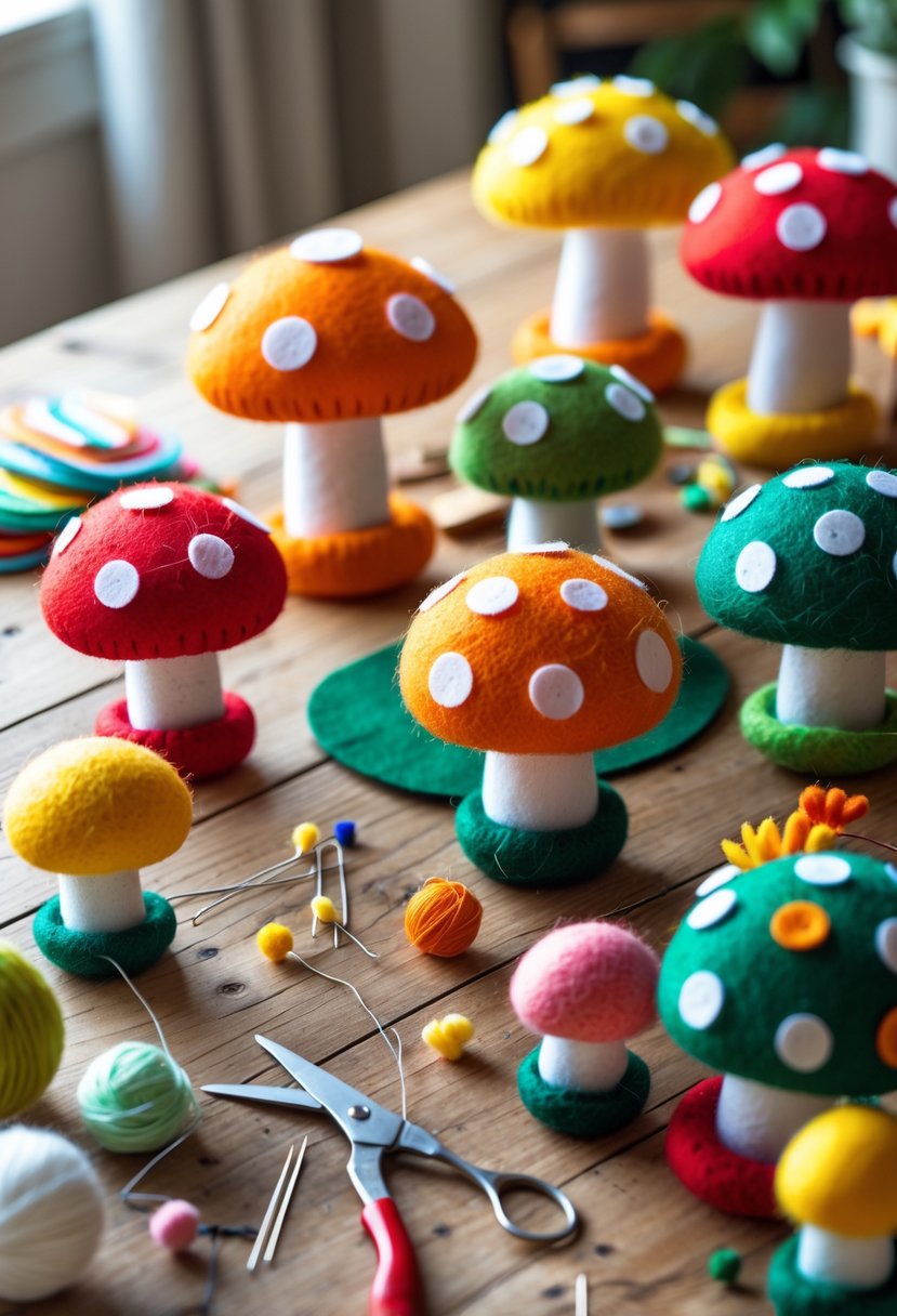A table with colorful felt mushroom crafts and sewing materials arranged for a craft project.