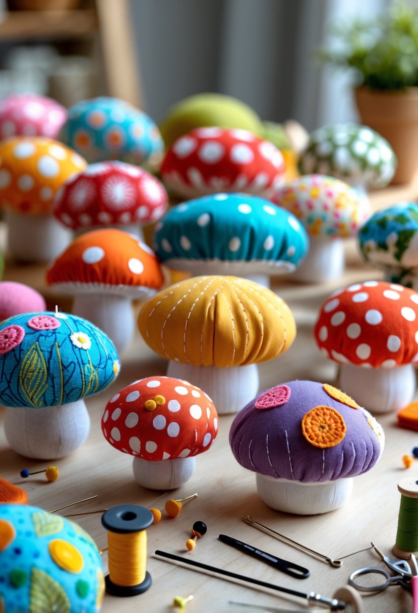 A collection of colorful fabric mushroom pin cushions arranged on a wooden surface with sewing tools nearby.
