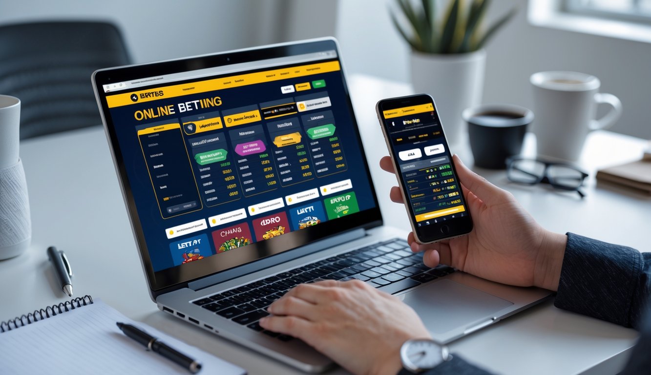 Seseorang menggunakan laptop dan ponsel untuk memasang taruhan online di berbagai jenis permainan dalam suasana kantor yang rapi.
