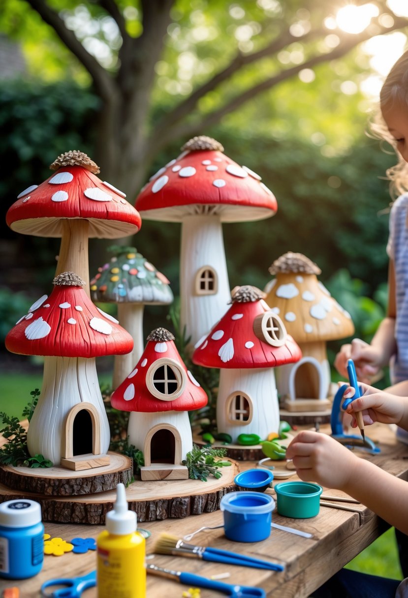 Hands of adults and children crafting colorful mushroom-shaped birdhouses on a wooden table outdoors with garden greenery in the background.
