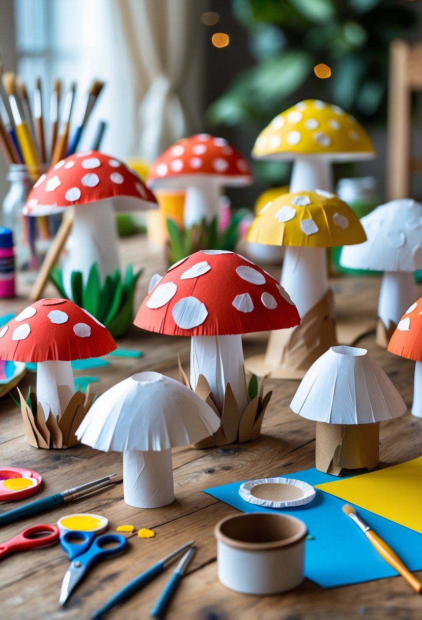A collection of colorful paper bowl mushroom decorations on a wooden table surrounded by crafting supplies.