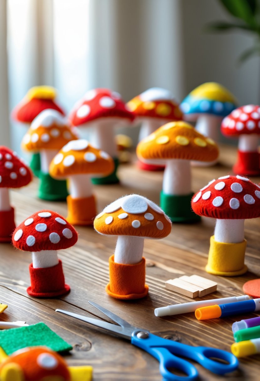 A collection of colorful mushroom finger puppets arranged on a wooden table with crafting supplies nearby.