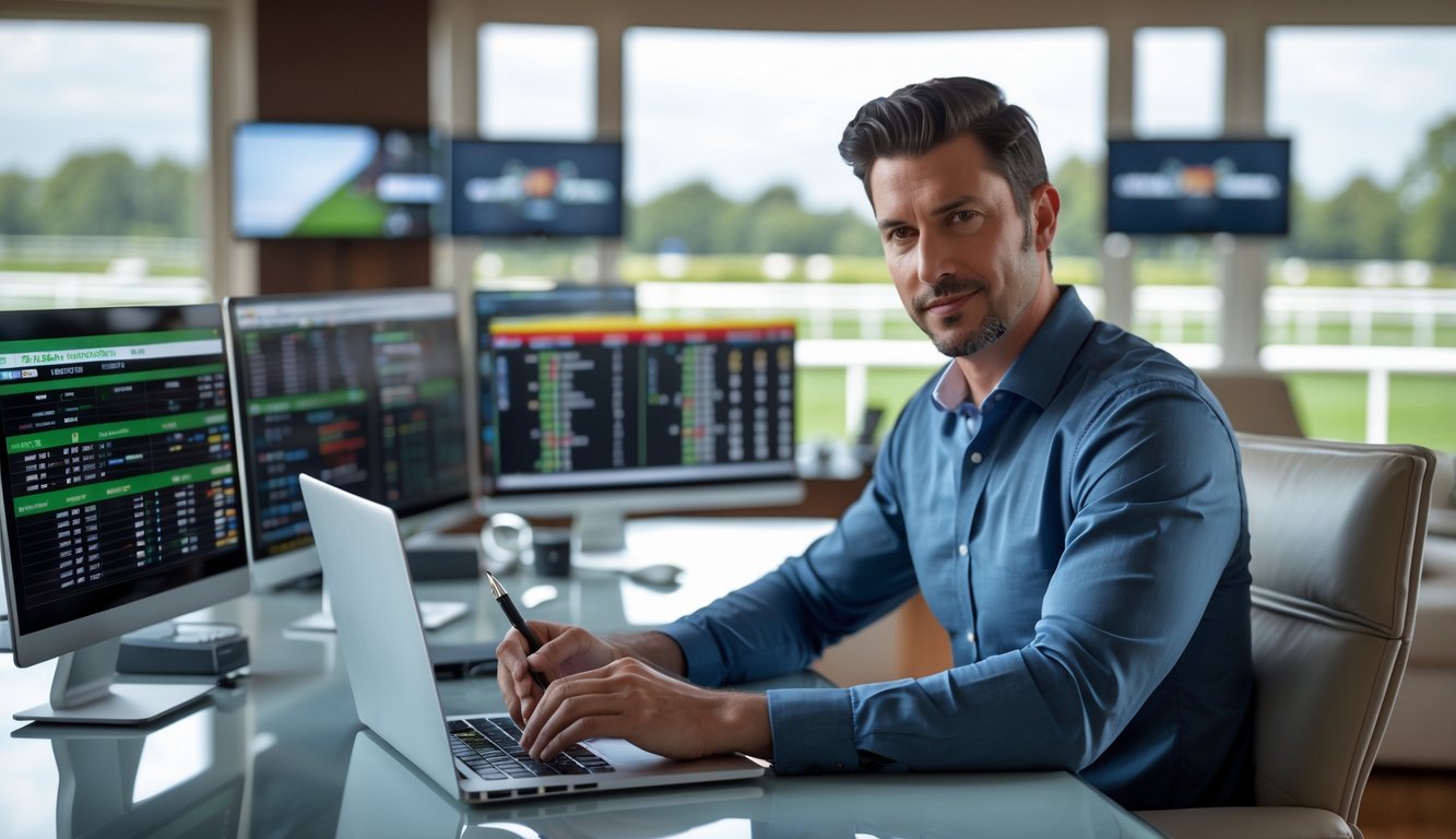 Seorang pria fokus duduk di meja dengan beberapa layar komputer menampilkan data balap kuda, di ruangan dengan jendela yang memperlihatkan lintasan balap kuda.