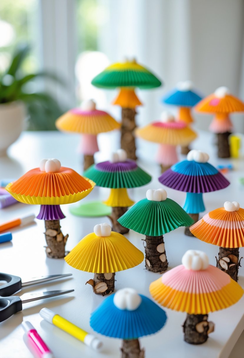A collection of colorful handmade cupcake liner mushrooms arranged on a white surface with crafting tools nearby.