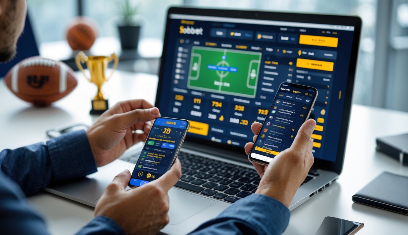 Seseorang menggunakan laptop dan ponsel untuk memasang taruhan olahraga online dengan latar belakang perlengkapan olahraga.