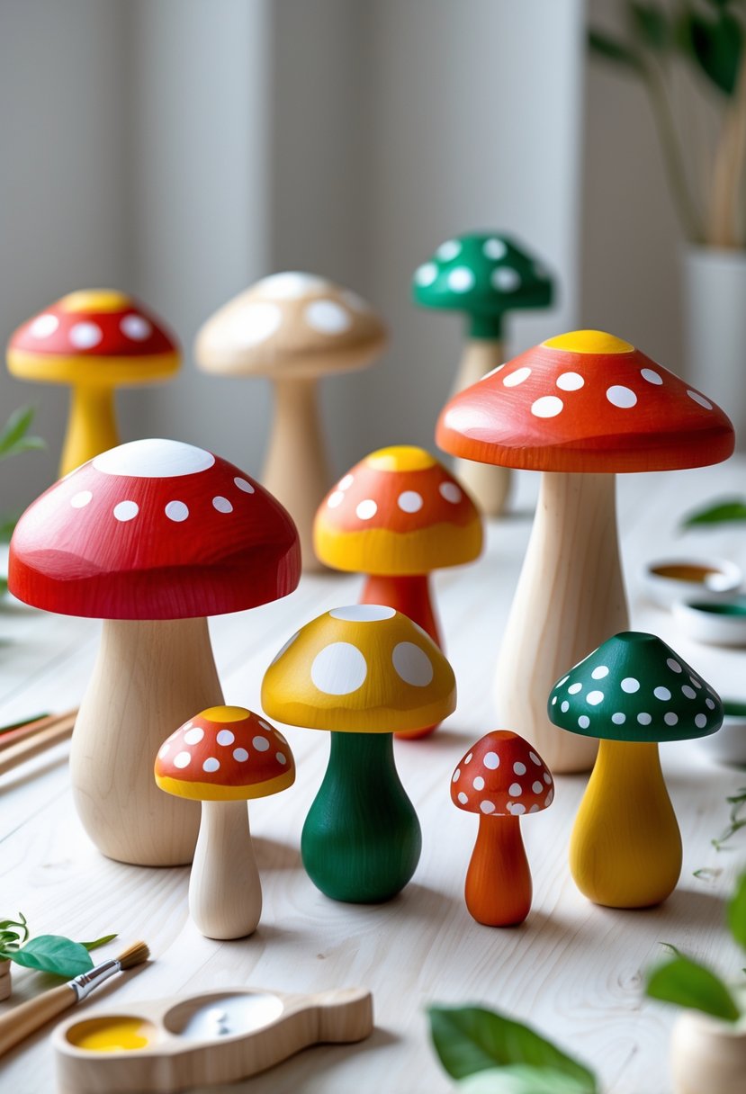 A collection of colorful painted wooden mushrooms arranged on a wooden surface with craft supplies nearby.