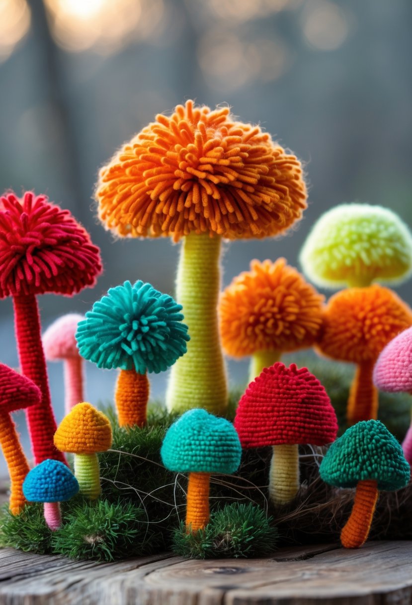 A group of colorful yarn pom-pom mushrooms arranged on a wooden surface.
