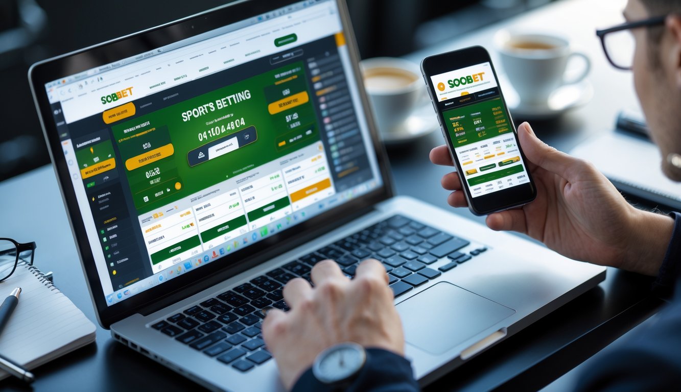 Meja kerja dengan laptop dan ponsel yang menampilkan aplikasi taruhan olahraga online, dengan tangan seseorang sedang menggunakan ponsel.