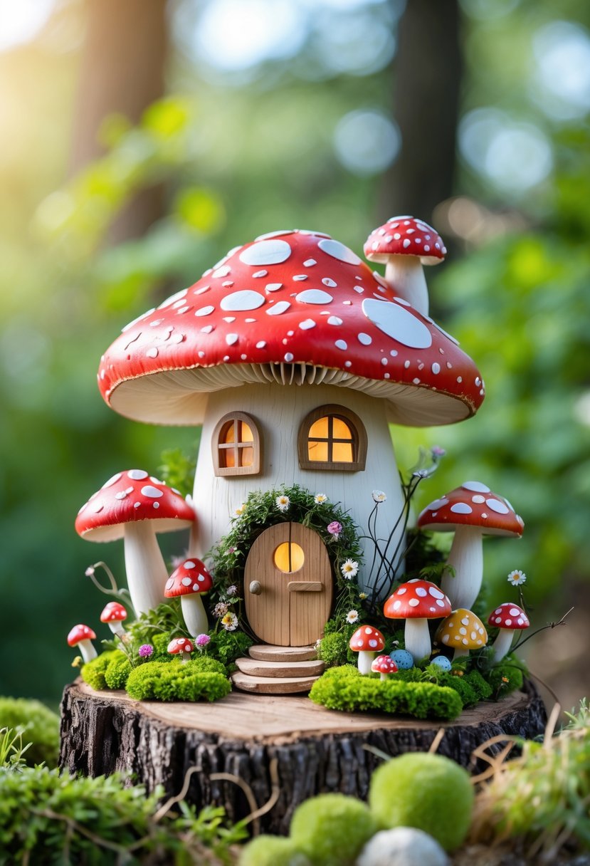 A miniature mushroom house model surrounded by small colorful mushroom crafts on a natural green background.