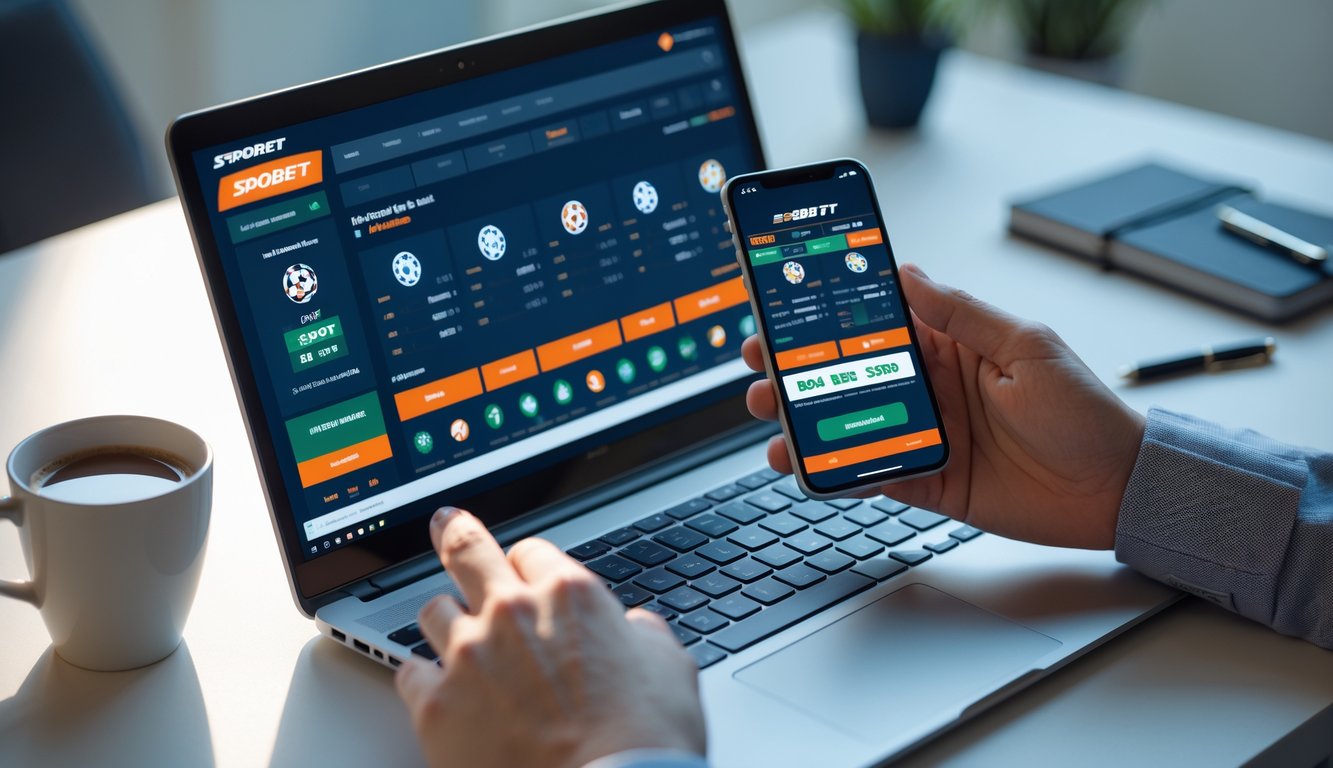 Seseorang menggunakan laptop dan ponsel untuk memasang taruhan online di meja kerja yang rapi.