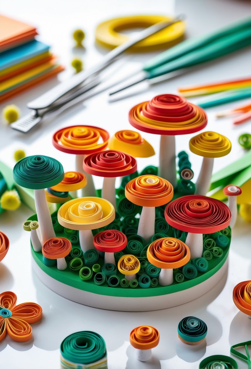 A collection of colorful paper quilling mushrooms arranged on a white surface with quilling tools nearby.