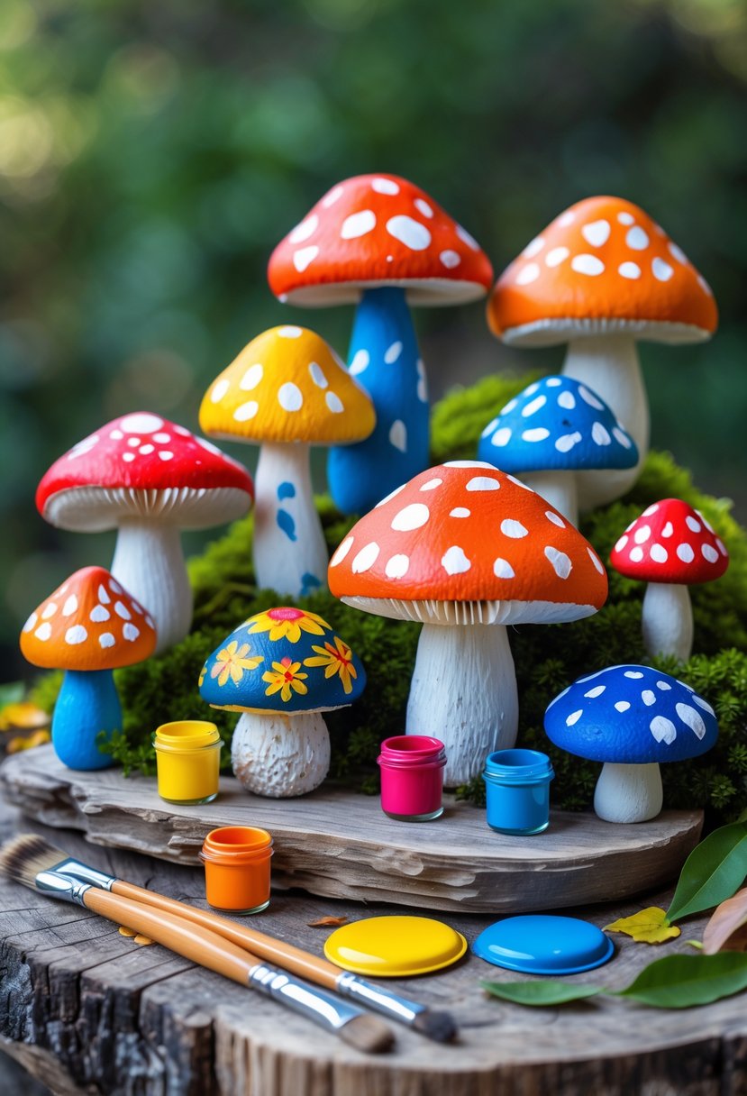 A collection of colorful painted rock mushrooms arranged on a wooden surface with paintbrushes and paint pots nearby.