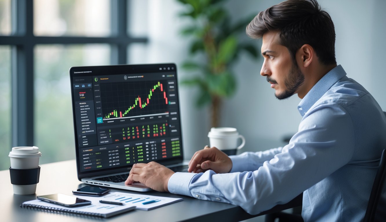 Seorang dewasa muda sedang duduk di meja dengan laptop dan catatan, fokus menggunakan platform taruhan online dengan suasana yang tenang dan terang.