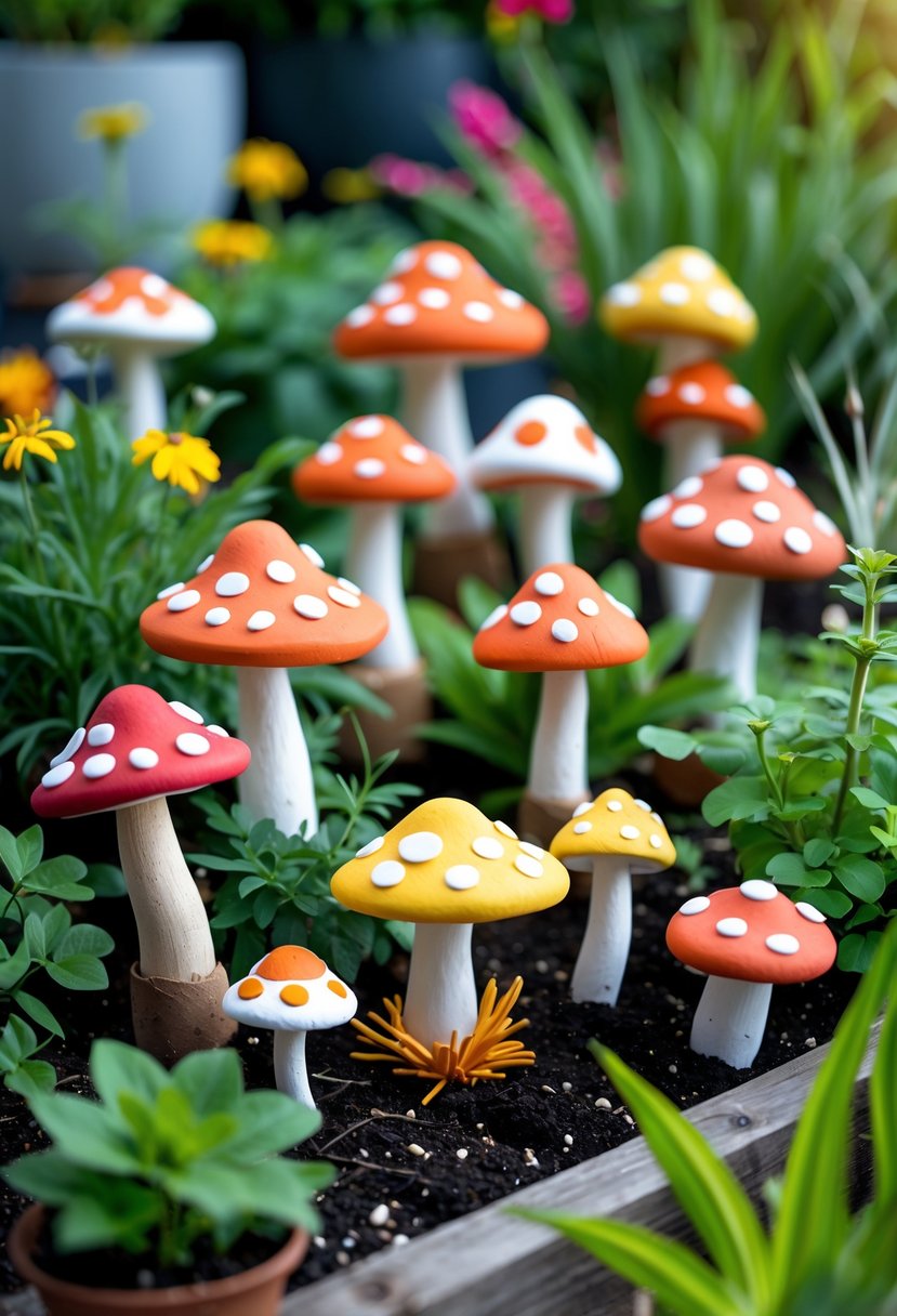 A collection of colorful clay mushroom plant stakes placed among green plants in a garden.