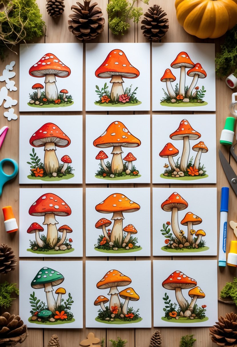 A collection of mushroom-themed greeting cards surrounded by crafting supplies and natural woodland elements on a wooden table.