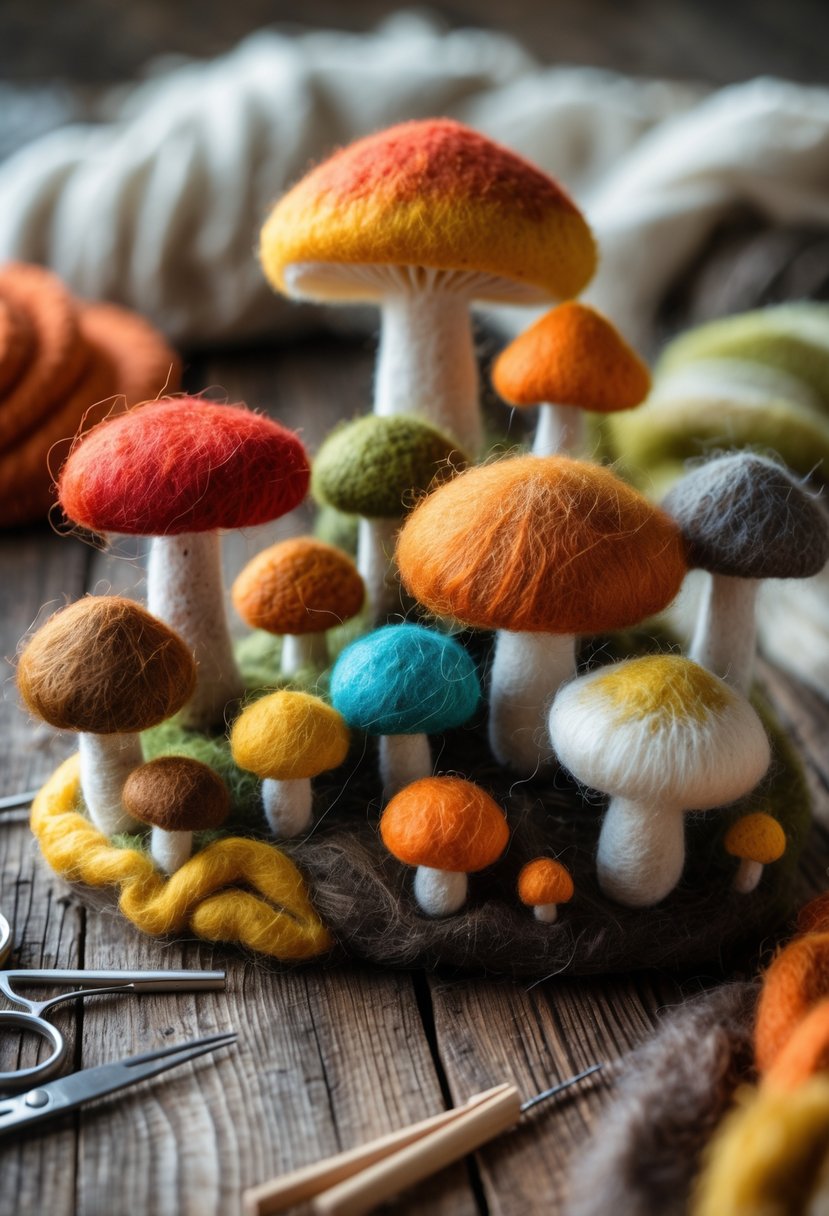 An assortment of colorful needle felted mushrooms arranged on a wooden surface with crafting tools nearby.