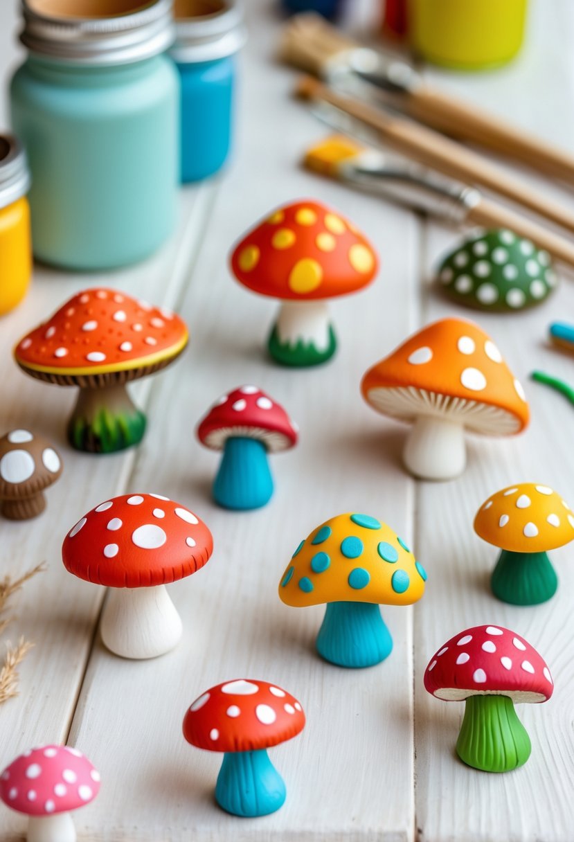 A collection of colorful decorative mushroom magnets displayed on a wooden surface with crafting materials in the background.